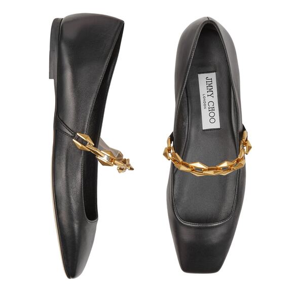 Jimmy Choo Diamond Tilda Flats Chain Leather Square Toe Italy Made Black 40/US10 - Picture 3 of 5